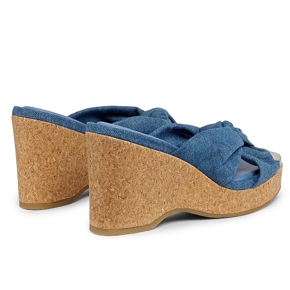 Jimmy Choo Avenue 110 Denim Wedge Sandals Knotted Upper 37 - Picture 12 of 16